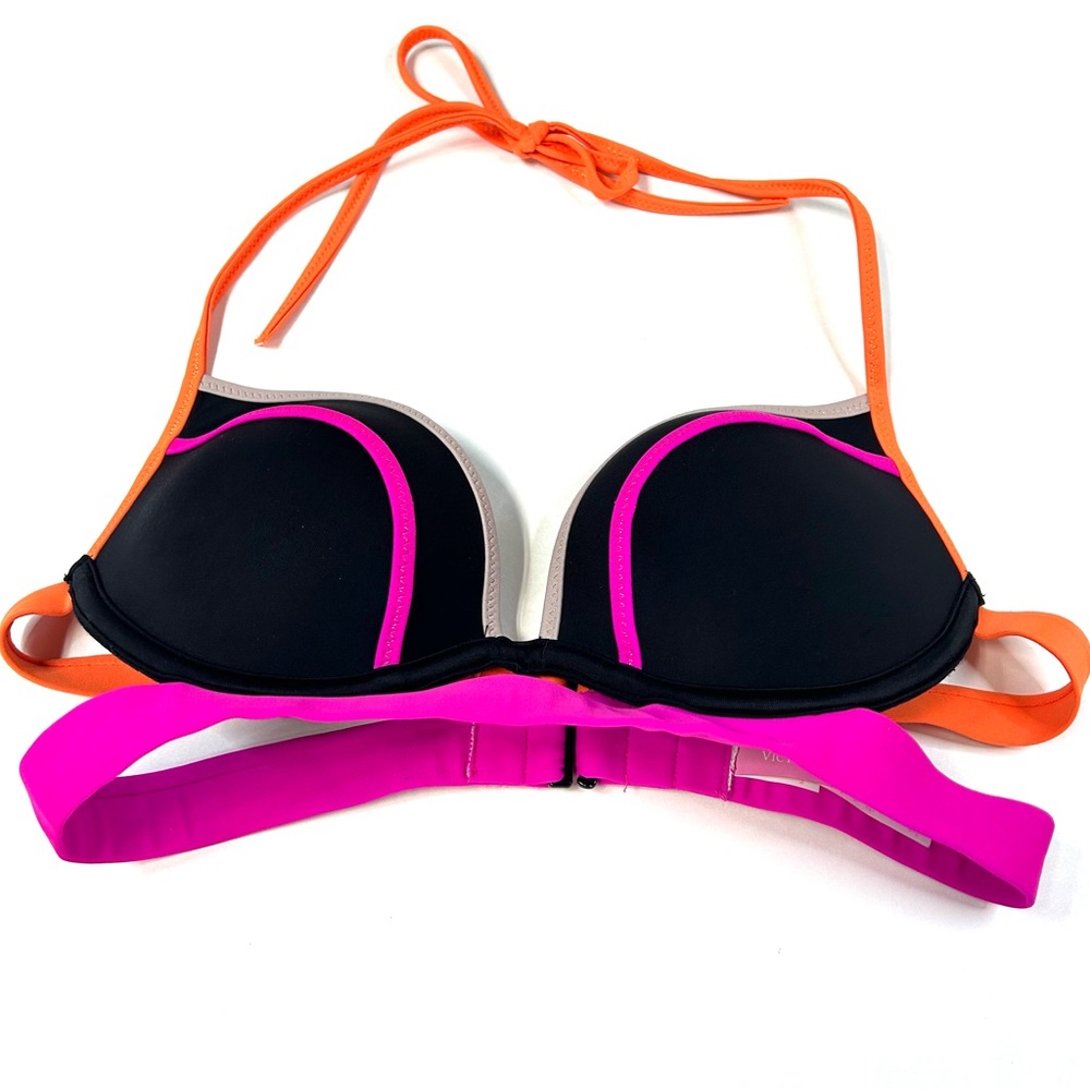 Y2K Victorias Secret 34B Hottie Halter Bikini Top Pushup Black Pink 84X #1244